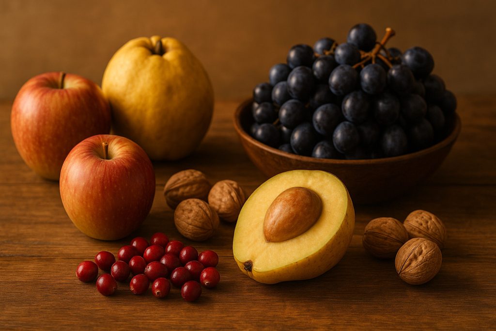 Fructe de toamnă proaspete – mere, gutui, struguri, nuci și merișoare – surse naturale de vitamine pentru imunitate și inimă
