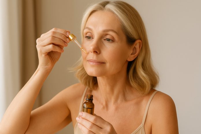 Femeie de peste 40 de ani aplicând ulei de argan în jurul ochilor, îngrijire naturală antirid