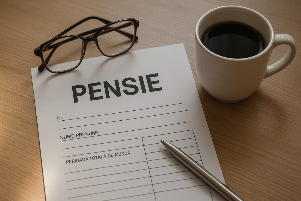 persoană în vârstă verificând decizia de pensie pe birou, simbol al recalculării pensiilor