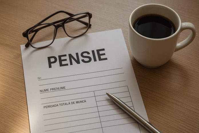 persoană în vârstă verificând decizia de pensie pe birou, simbol al recalculării pensiilor
