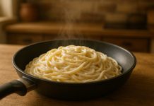 Rețeta de spaghete cu smântână care a cucerit pe toată lumea – simplă, cremoasă și delicioasă farfurie cu spaghete cremoase cu smântână și brânză, decorate cu pătrunjel proaspăt