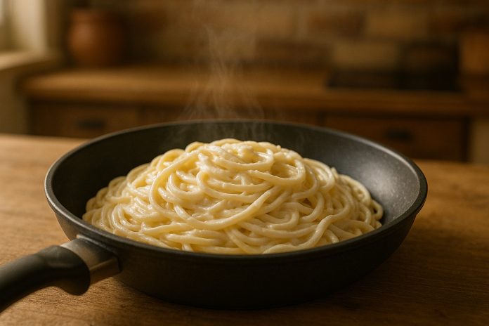 farfurie cu spaghete cremoase cu smântână și brânză, decorate cu pătrunjel proaspăt