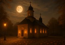 Noaptea Sfântului Dumitru – când cerurile se deschid și lumina se luptă cu întunericul lumânare aprinsă la fereastră și cer de toamnă luminat de lună plină, simbol al nopții Sfântului Dumitru