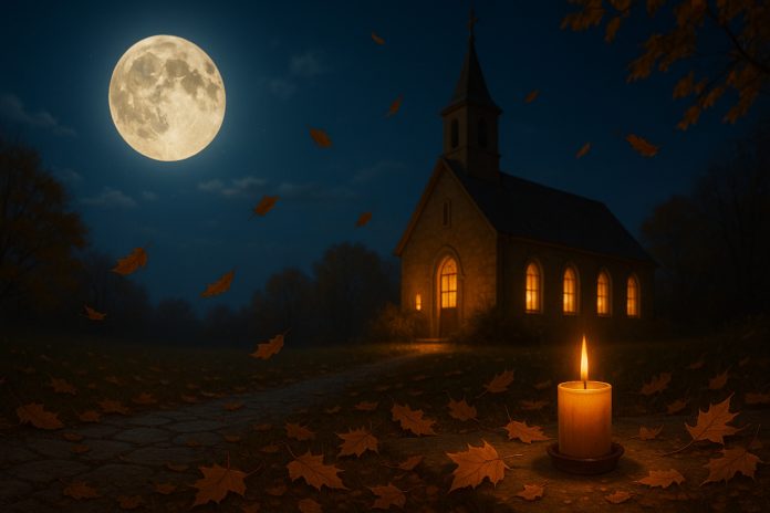 noaptea-de-25-spre-26-octombrie biserică luminată de lună plină și lumânare aprinsă, simbol al nopții Sfântului Dumitru