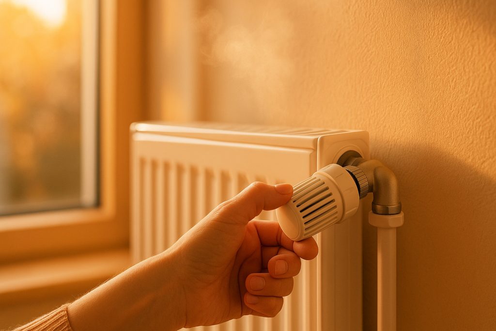 Factură de încălzire și mâini care reglează un calorifer alb într-un apartament, simbol al ajutorului de încălzire 2025