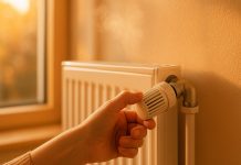 Ajutor de încălzire 2025: cine beneficiază și cum poți aplica Factură de încălzire și mâini care reglează un calorifer alb într-un apartament, simbol al ajutorului de încălzire 2025