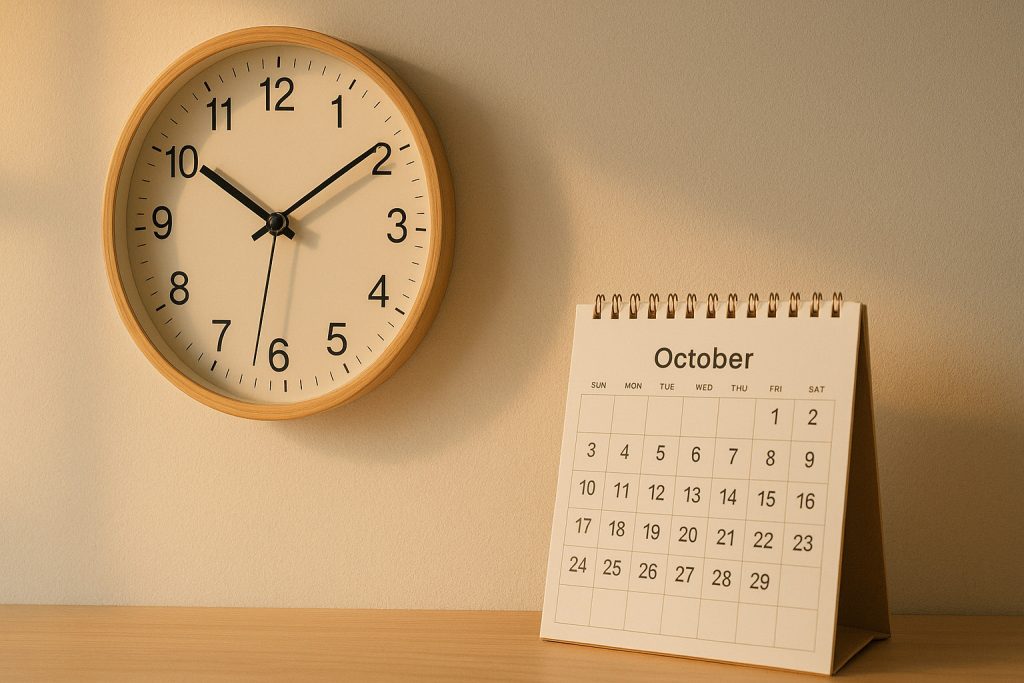 Ceas de perete clasic și calendar cu data 26 octombrie, simbol al trecerii la ora de iarnă 2025 în România