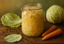 Beneficiile verzei murate pentru sănătate Borcan mare de varză murată așezat pe o masă rustică din lemn, alături de frunze de varză și condimente naturale