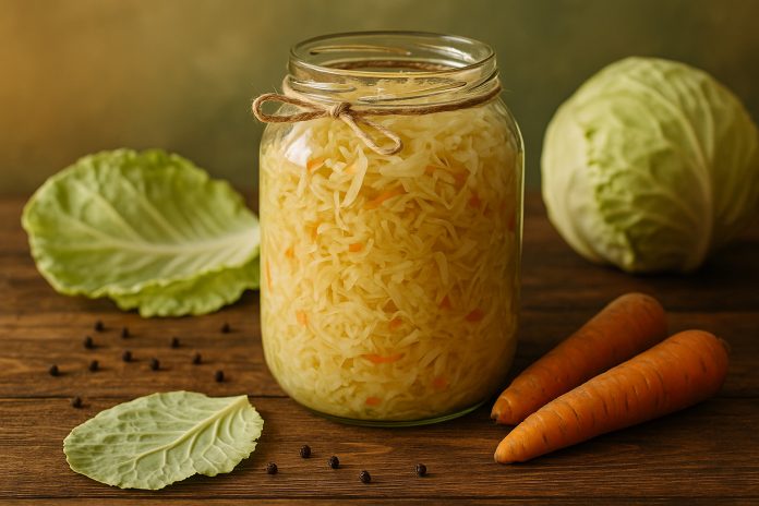 Borcan mare de varză murată așezat pe o masă rustică din lemn, alături de frunze de varză și condimente naturale