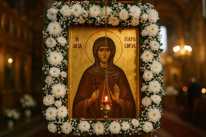 Icoana Sfintei Cuvioase Parascheva împodobită cu flori, la Catedrala din Iași