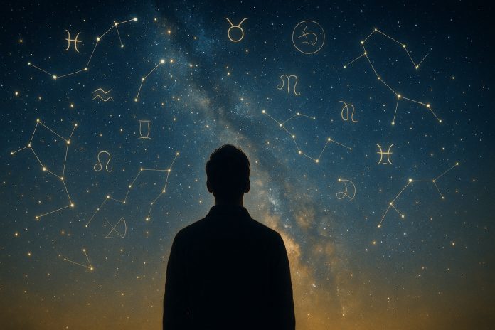 Siluetă privind cerul înstelat, simbol al destinului și norocului.