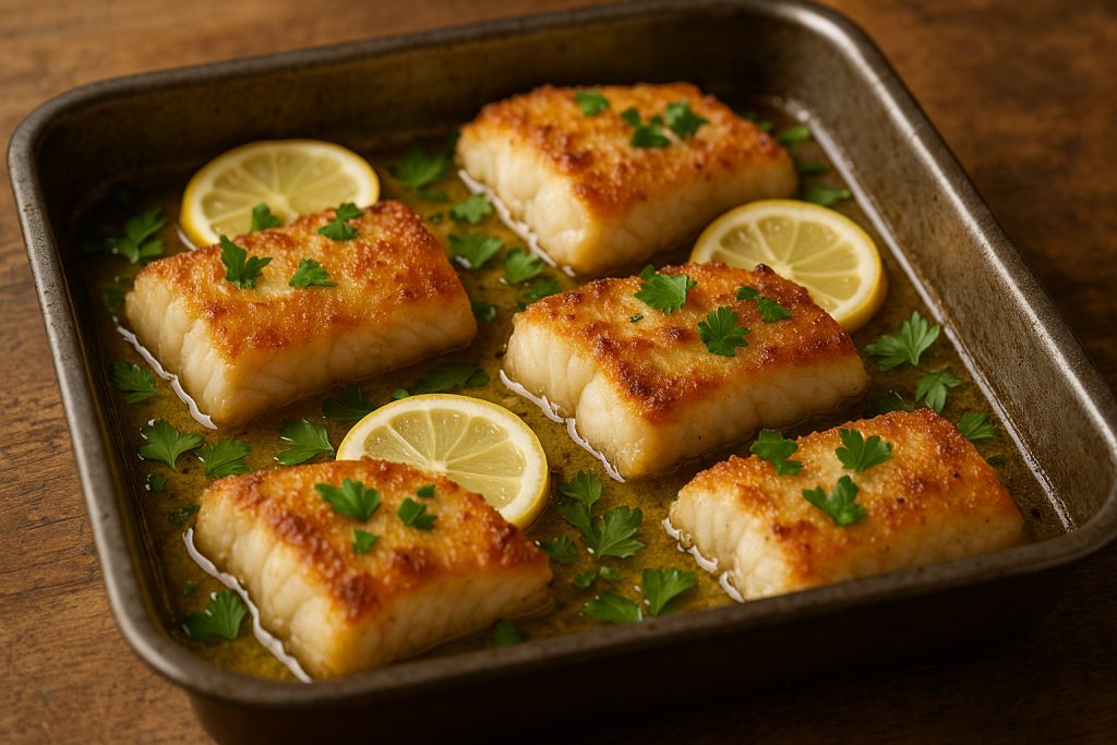 Tavă cu pește la cuptor rumenit, cu crustă crocantă aurie și lămâie proaspătă