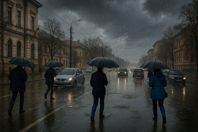 cod-rosu-ploi-scoli-inchise.jpg Stradă inundată în timpul unei ploi torențiale, sub avertizare cod roșu