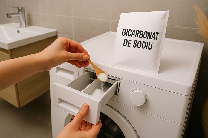 Mână care adaugă bicarbonat de sodiu în sertarul mașinii de spălat pentru curățarea rufelor
