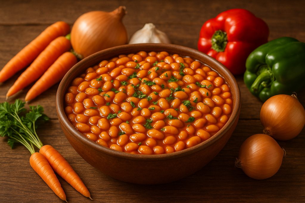 Bol cu fasole gătită și legume proaspete, sursă naturală de proteine și fibre