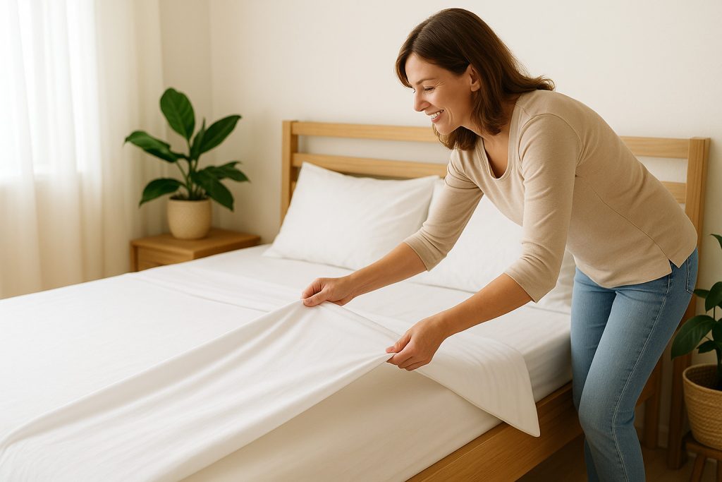 Femeie care schimbă lenjeria de pat pentru a menține un somn curat și sănătos