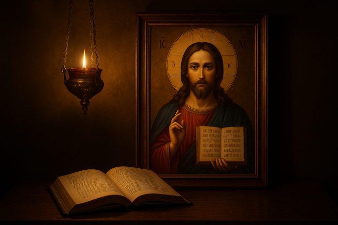 Icoană și candelă aprinsă în timpul rugăciunii de la miezul nopții