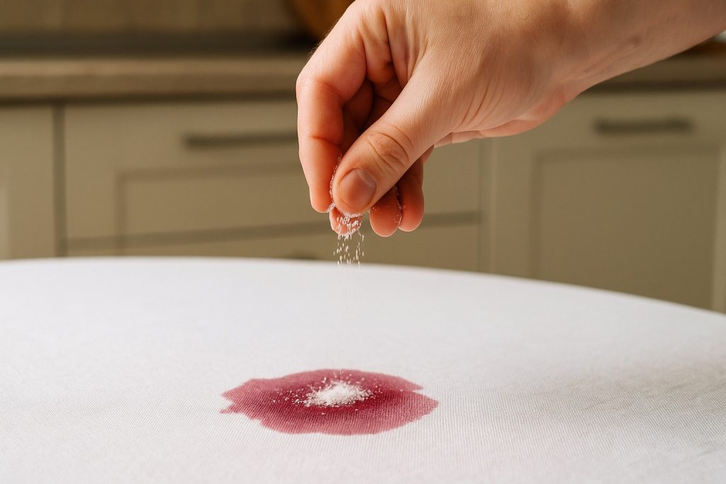 Mână care presară sare peste o pată de vin roșu pe o față de masă albă