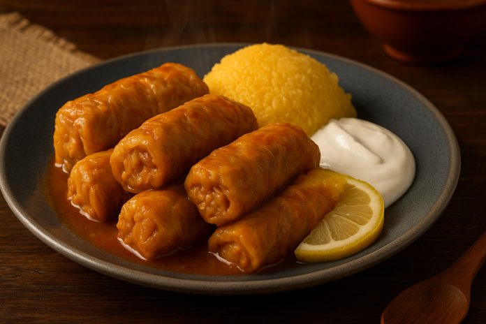 Farfurie de sarmale aburinde servite cu mămăligă și smântână