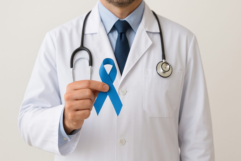 Medic ținând o panglică albastră, simbol al prevenției cancerului de colon