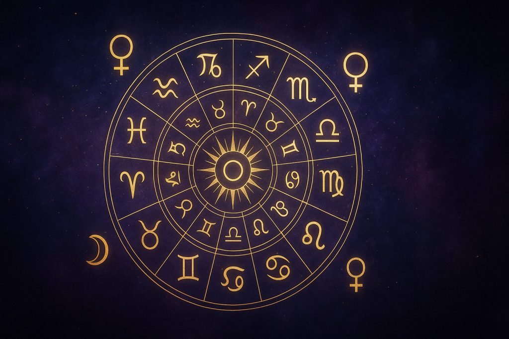 Zodiac cosmic cu simboluri planetare pe fundal albastru-violet