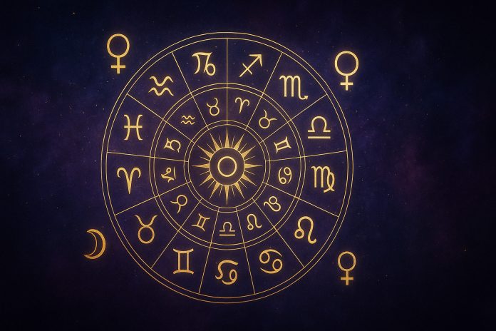 Zodiac cosmic cu simboluri planetare pe fundal albastru-violet