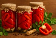 Rețetă pentru gogoșari în oțet, fără fierbere și fără conservanți Borcane cu gogoșari în oțet, fără fierbere, pe o masă rustică