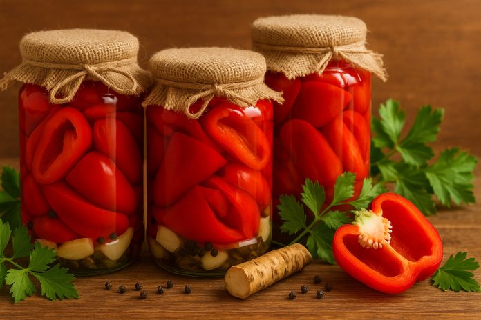 Borcane cu gogoșari în oțet, fără fierbere, pe o masă rustică