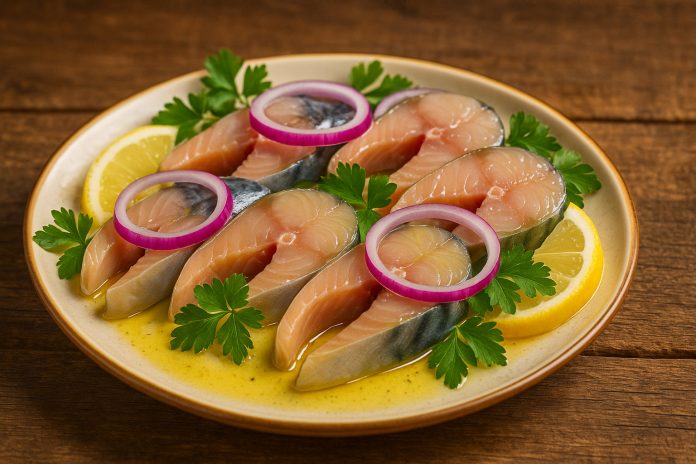 macrou-marinat-reteta-rapida.jpg Platou cu macrou marinat, decorat cu ceapă și felii de lămâie, rețetă rapidă și gustoasă.