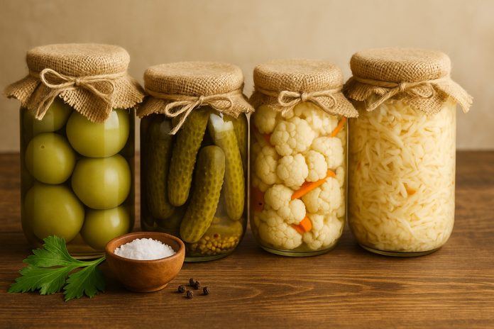Borcane cu murături de casă pe masă rustică, simbol al alimentației sănătoase și naturale.