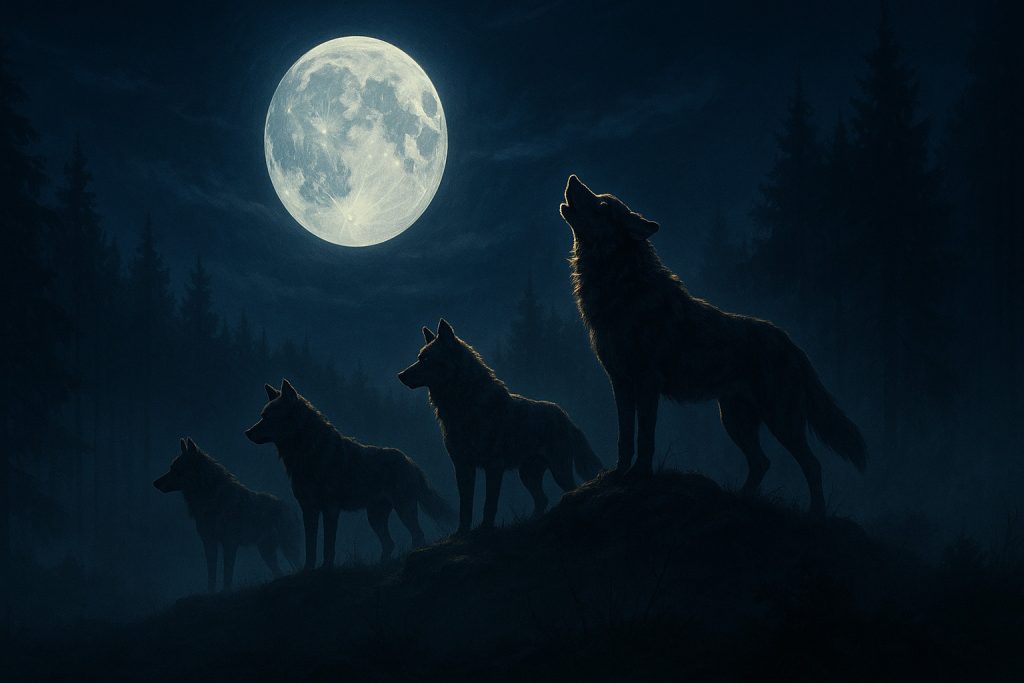 Siluetă de lup într-o noapte cu lună plină, atmosferă misterioasă asociată tradițiilor de Sfântul Andrei
