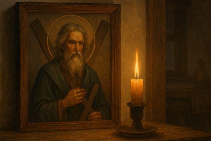Lumânare aprinsă în fața unei icoane, simbol al rugăciunii către Sfântul Andrei