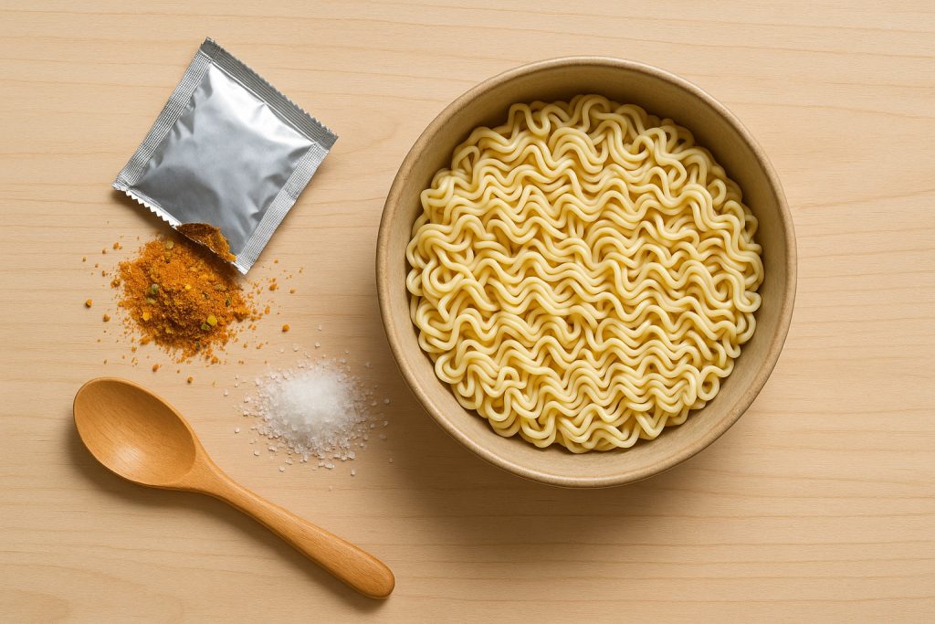 Taitei instant în bol, alături de plic condimente, aliment procesat cu conținut ridicat de sare