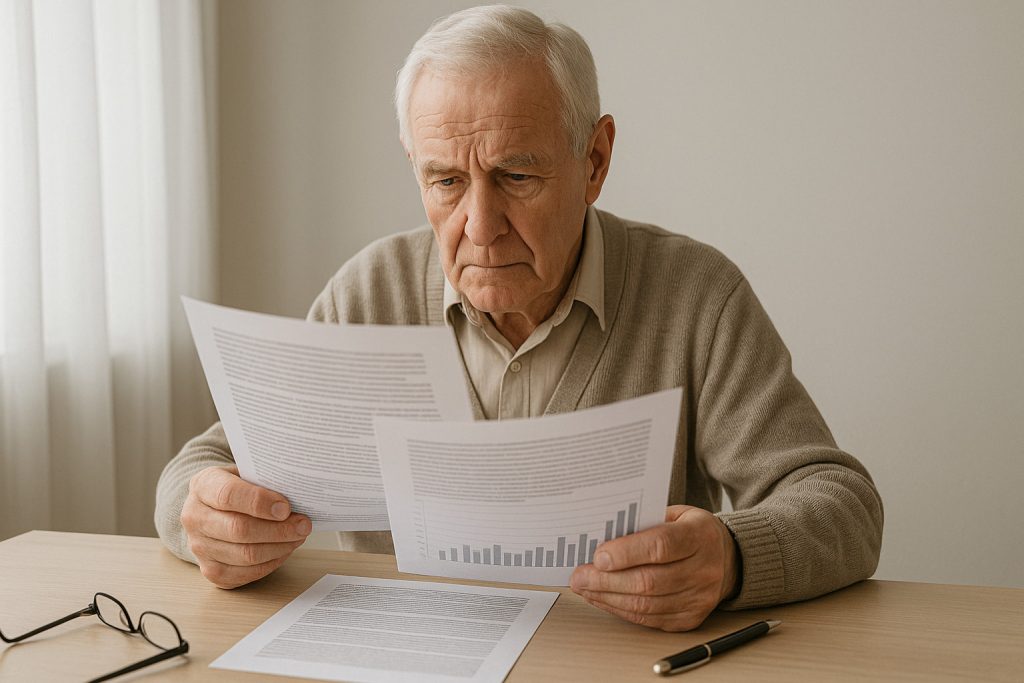 Elderly person reviewing pension documents at home, concept ilustrând schimbările și actualizările pensiilor în 2026.