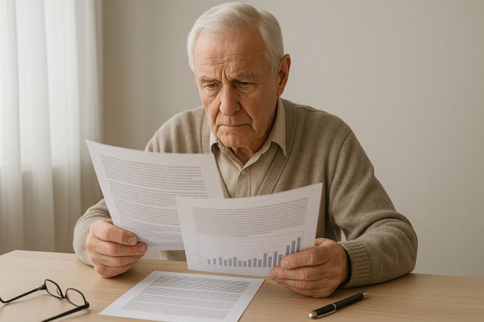 Elderly person reviewing pension documents at home, concept ilustrând schimbările și actualizările pensiilor în 2026.