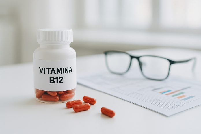 Persoană care ține în mână o capsulă roșie de vitamina B12, pe fundal medical, simbol al carenței de vitamina B12