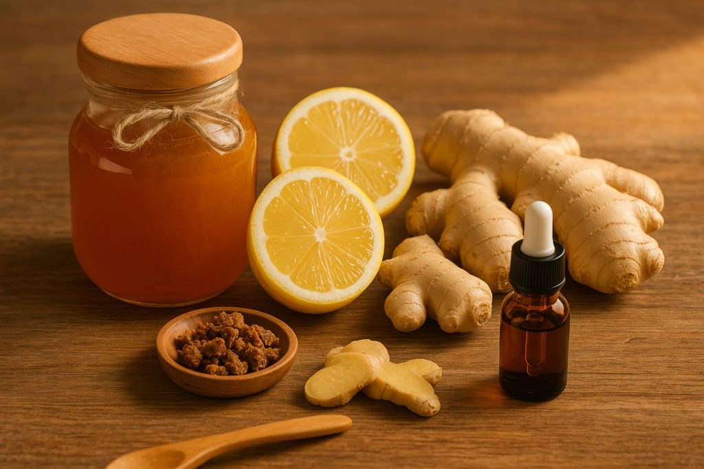 Capsule naturale, lămâi, ghimbir, propolis și flacon de ulei esențial așezate pe o masă de lemn, simbol al remediilor naturiste antivirale