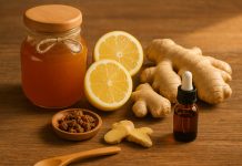 Cele mai eficiente antivirale naturiste pentru gripă și cum se administrează corect Capsule naturale, lămâi, ghimbir, propolis și flacon de ulei esențial așezate pe o masă de lemn, simbol al remediilor naturiste antivirale