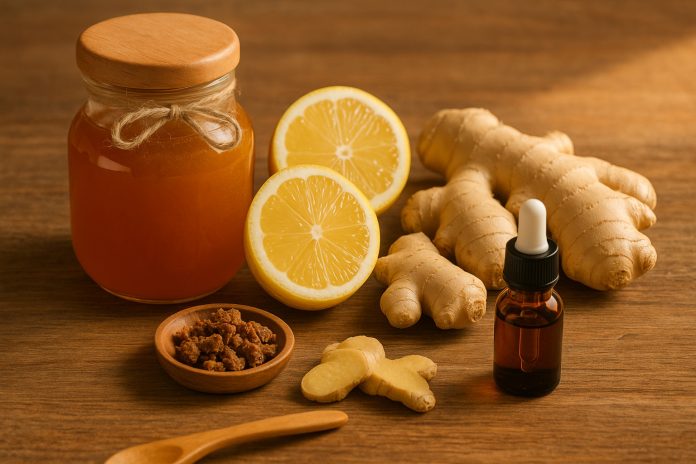 antivirale-naturiste-gripa.webp Capsule naturale, lămâi, ghimbir, propolis și flacon de ulei esențial așezate pe o masă de lemn, simbol al remediilor naturiste antivirale
