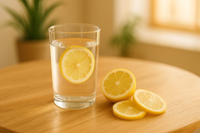 Lămâi proaspete tăiate pe o masă din lemn, alături de un pahar cu apă și frunze verzi de mentă, simbol al detoxifierii naturale