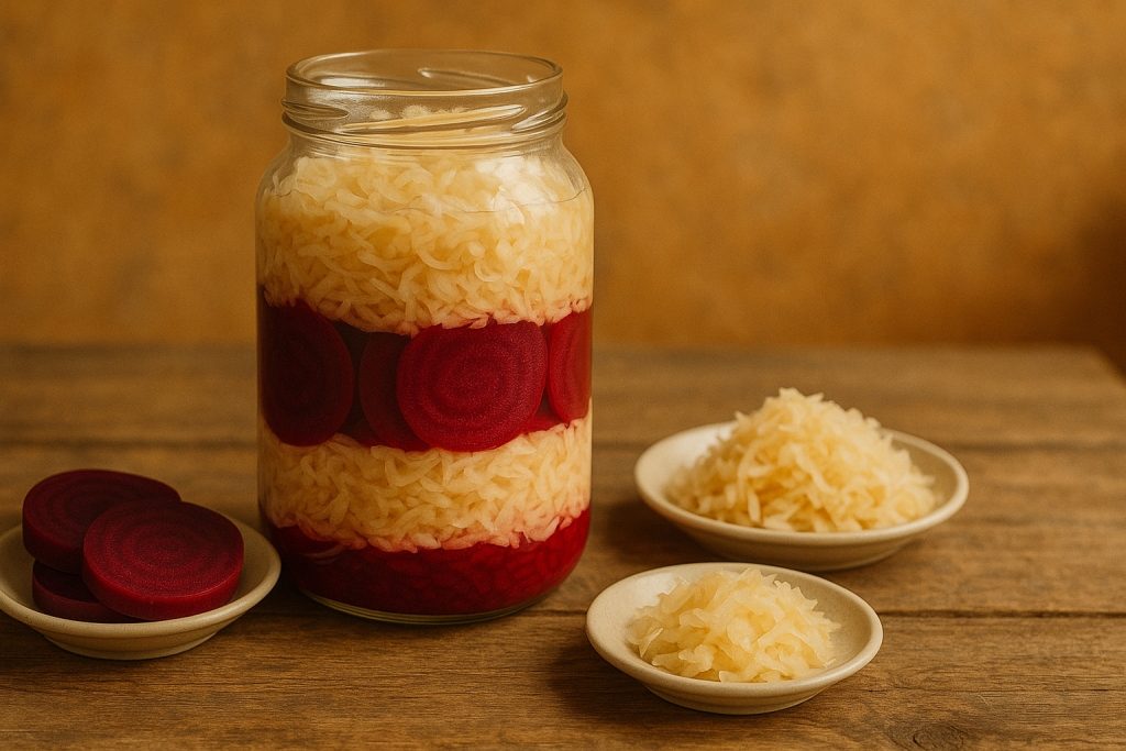 Borcan mare cu varză murată și felii de sfeclă roșie, așezat pe o masă rustică din lemn, simbol al preparatelor tradiționale de iarnă