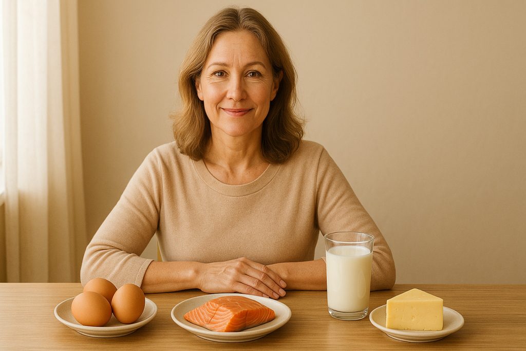 Femeie de peste 40 de ani privind zâmbitoare spre o farfurie cu alimente bogate în vitamina B12, pe fundal luminos