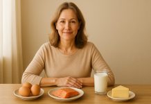 Vitamina B12 este ca aerul pentru femeile trecute de 40 de ani Femeie de peste 40 de ani privind zâmbitoare spre o farfurie cu alimente bogate în vitamina B12, pe fundal luminos