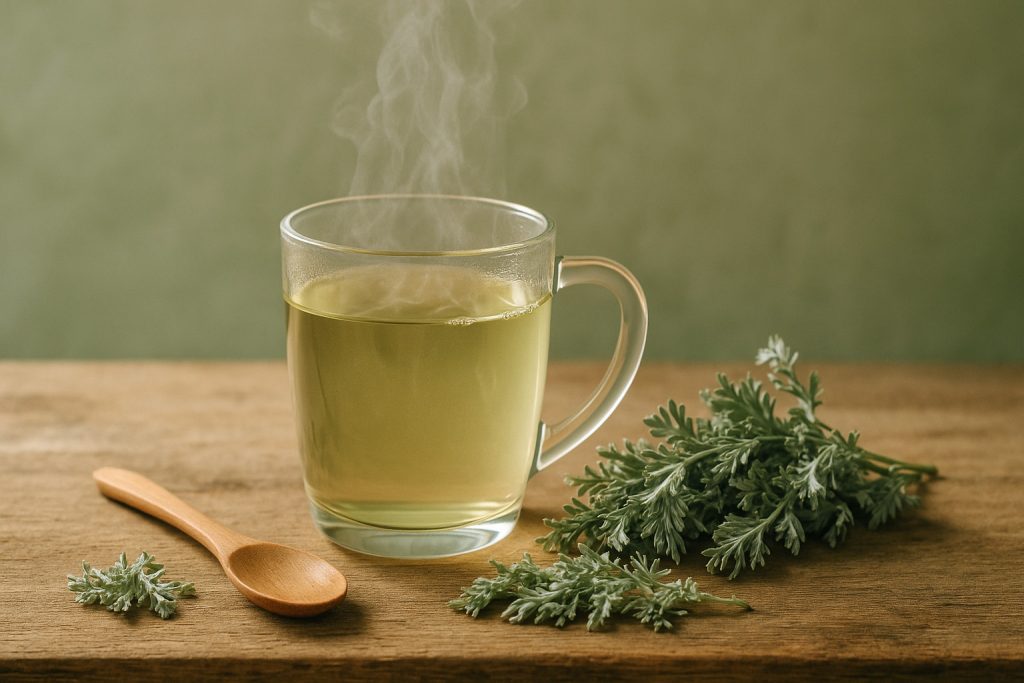 Ceai de pelin într-o ceașcă din sticlă, alături de frunze uscate de pelin pe o masă din lemn, simbol al detoxifierii naturale a ficatului