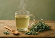 Pelinul curăță ficatul și corpul de toxine. Cum se prepară corect ceaiul amar care detoxifică natural Ceai de pelin într-o ceașcă din sticlă, alături de frunze uscate de pelin pe o masă din lemn, simbol al detoxifierii naturale a ficatului