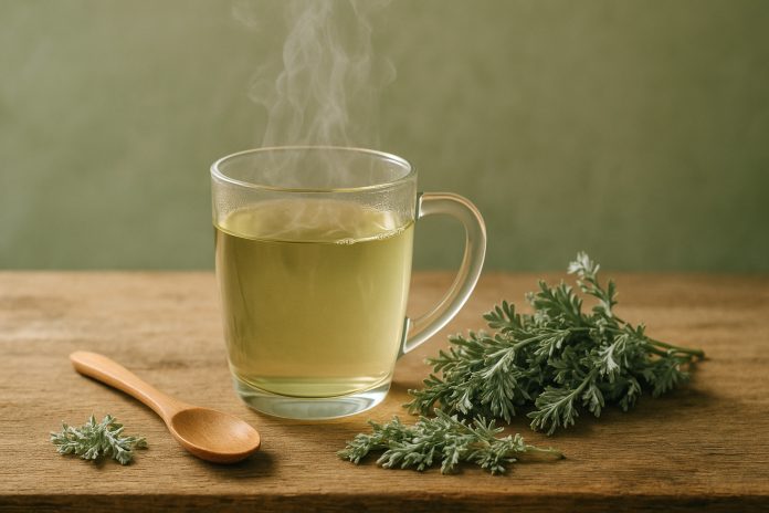 Ceai de pelin într-o ceașcă din sticlă, alături de frunze uscate de pelin pe o masă din lemn, simbol al detoxifierii naturale a ficatului