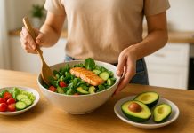 Trigliceridele mari îți pun inima în pericol. 5 pași simpli ca să le reduci natural Bol cu salată sănătoasă, pește și avocado pe masă de lemn, simbol al alimentației care reduce trigliceridele