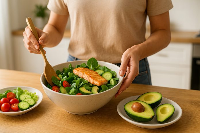 metode-reducere-trigliceride.webp Bol cu salată sănătoasă, pește și avocado pe masă de lemn, simbol al alimentației care reduce trigliceridele