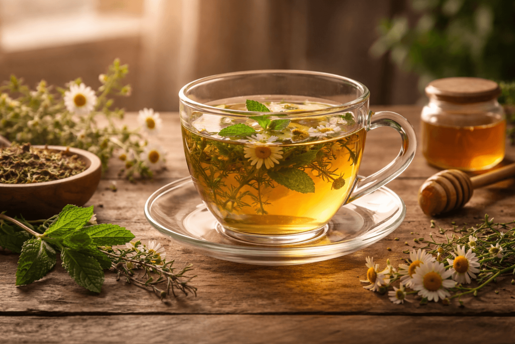 Cană cu ceai din plante, recomandat pentru reducerea acidului uric și confortul articulațiilor