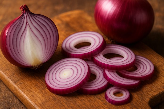 Ceapă roșie tăiată pe un blat de lemn, imagine ilustrativă pentru beneficiile consumului de ceapă roșie